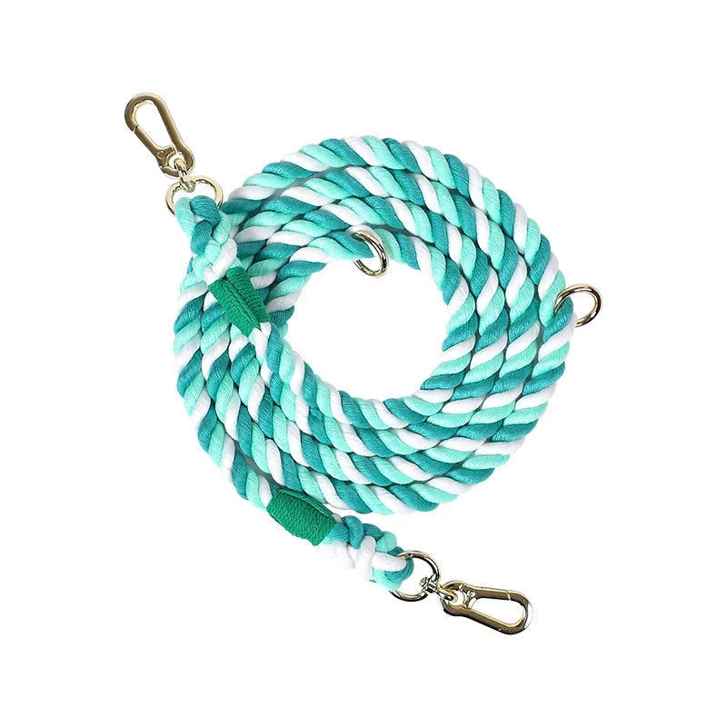 Woven rainbow colour dog leash with gold fittings, showing the double-headed rope design on a 250cm lead.