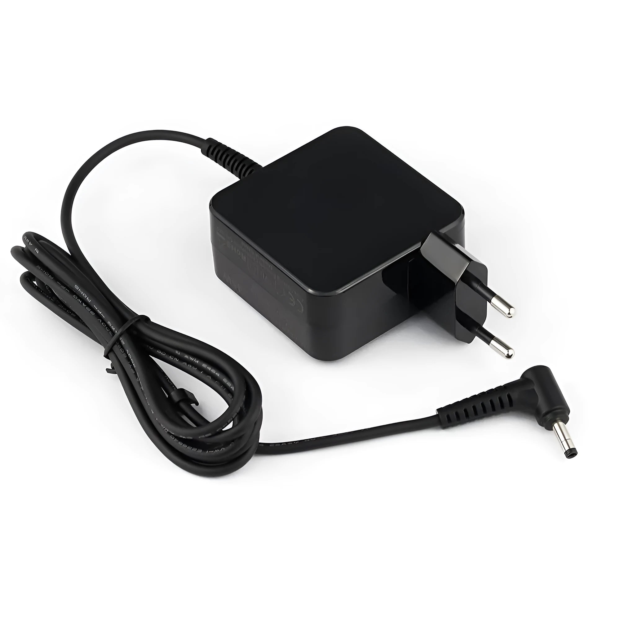 Black 45W laptop power adapter with DC connector and US and EU plug heads