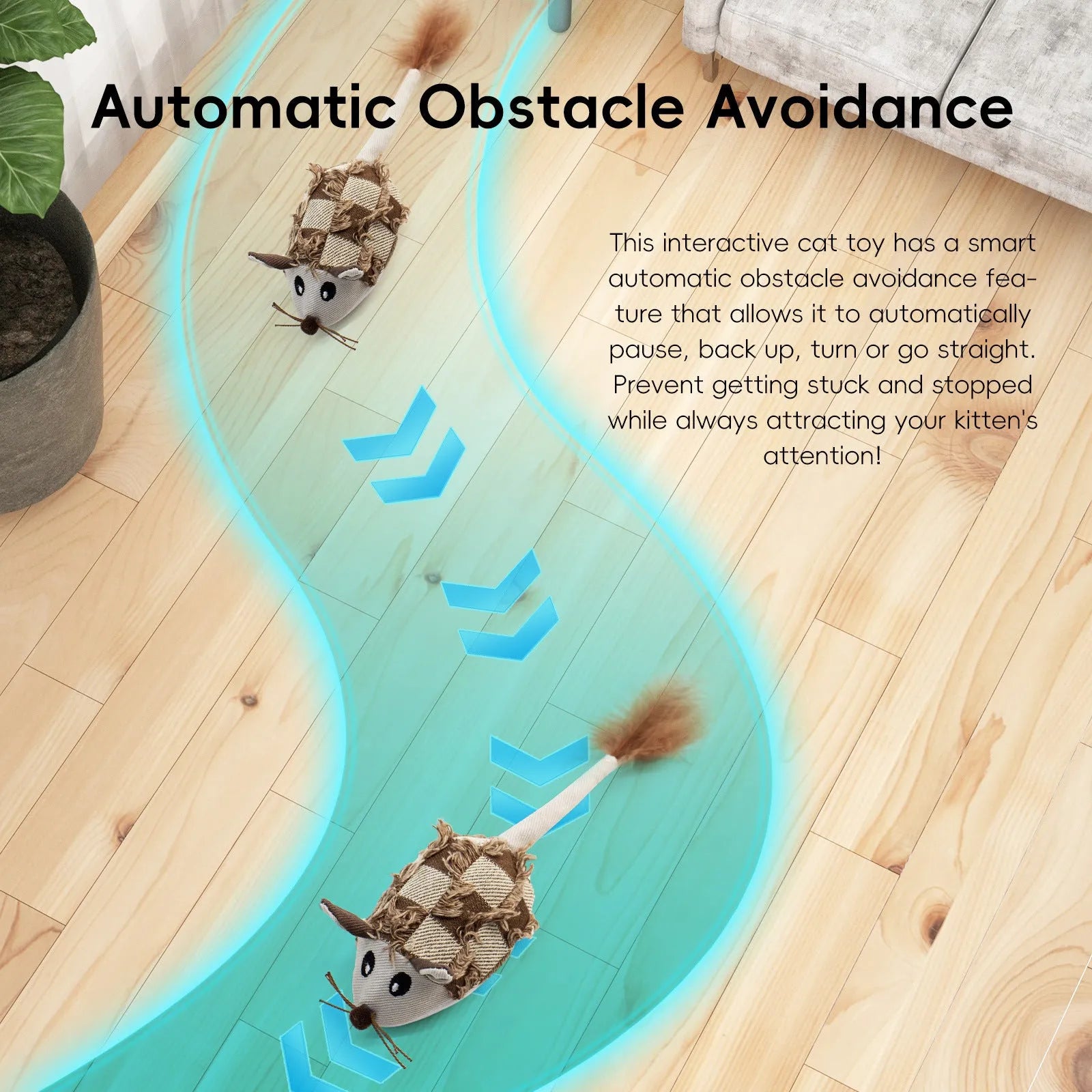 Electronic moving mouse cat toy with feather tail in blue or yellow colours, showing 18cm dimensions