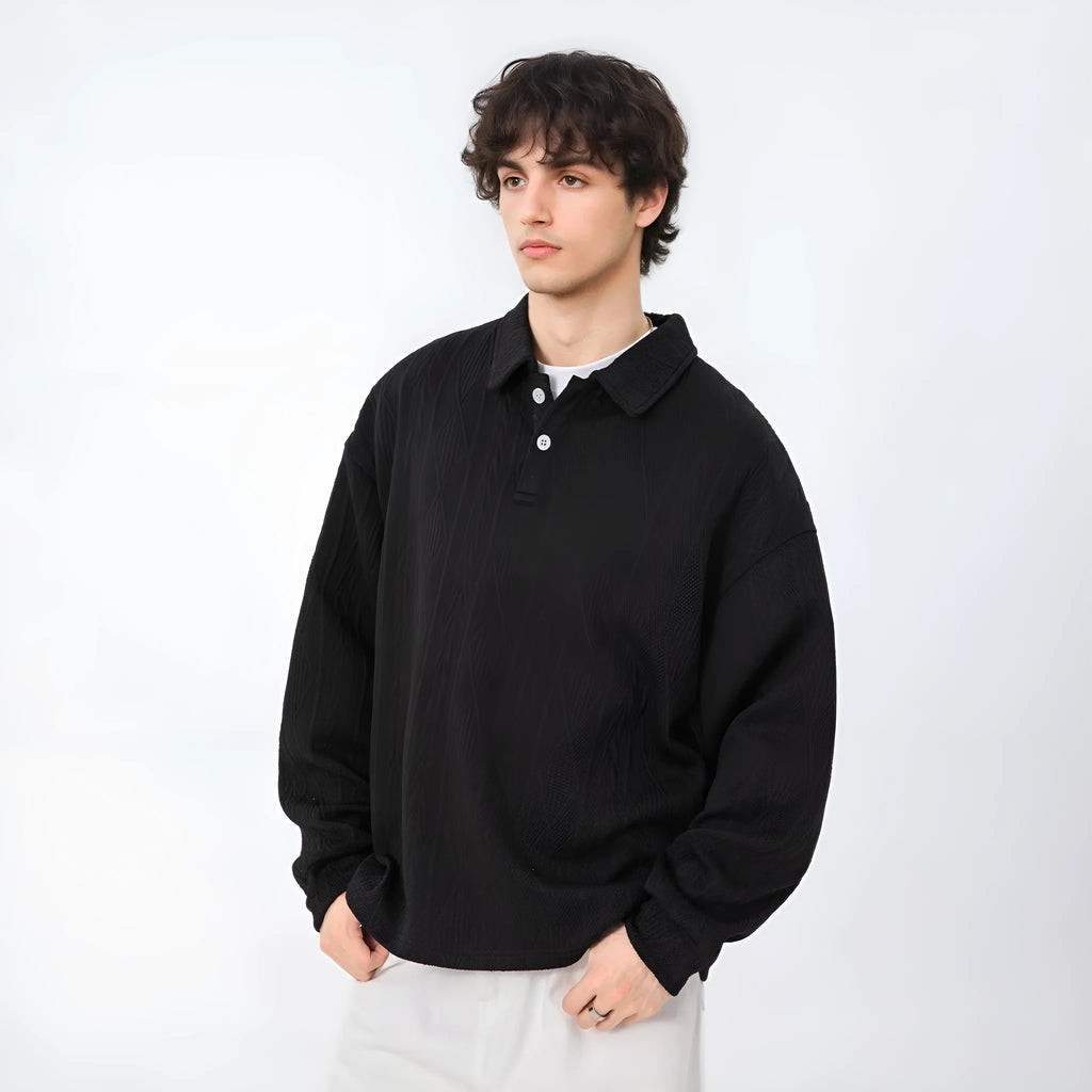 Men's texture jacquard lapel sweater loose fit autumn pullover black solid colour front view