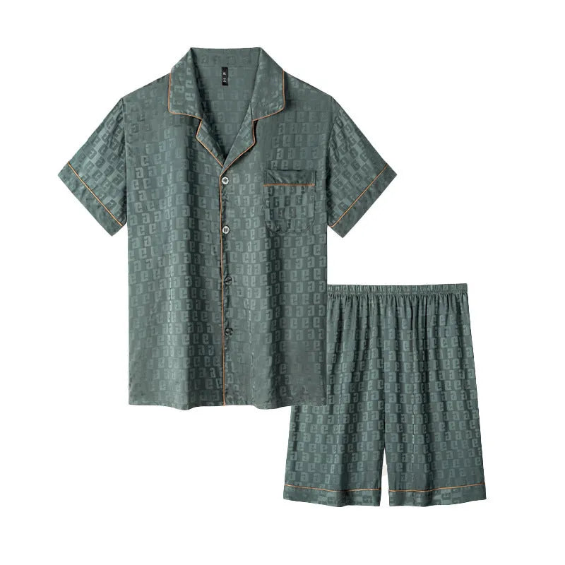 Men's ice silk pajama set with cardigan and shorts in satin jacquard plaid pattern