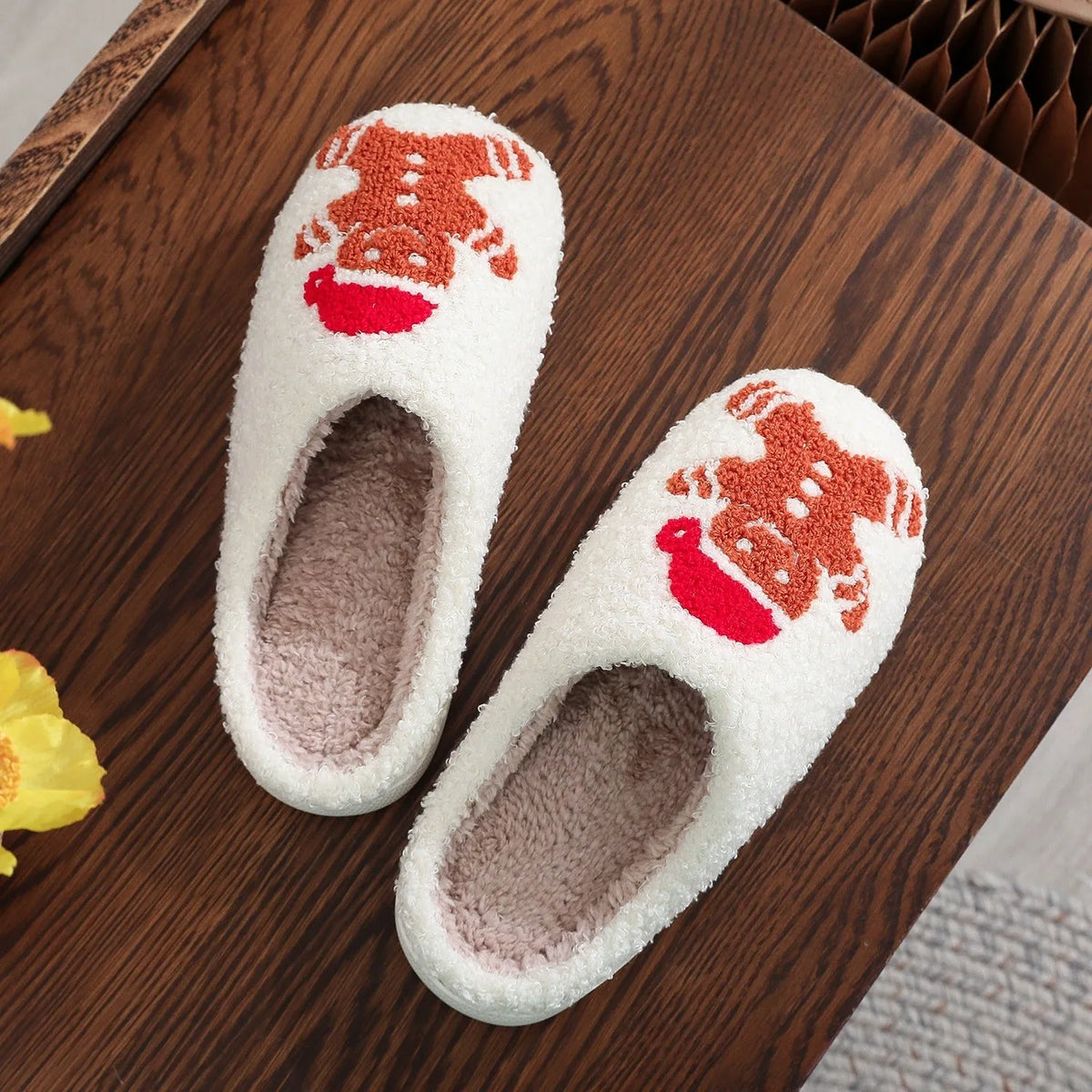 Christmas gingerbread cotton slippers for adults with suede upper, sewn PVC sole and EVA foam midsole