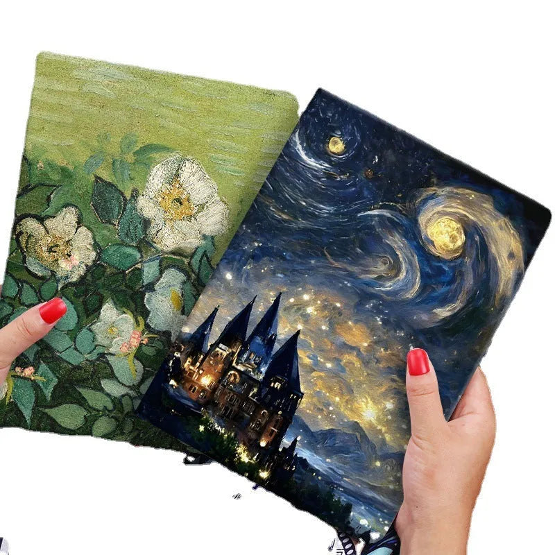 Handmade liquid silicone flip case for iPad with decorative oil painting design of sunflowers.
