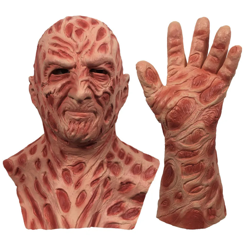 Skin-coloured latex Freddie grimace mask and gloves set for Halloween party performance props