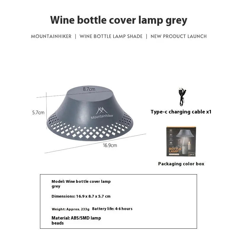 Beige and grey repurposed wine bottle camping lanterns with a gear switch on top for adjusting light mode.