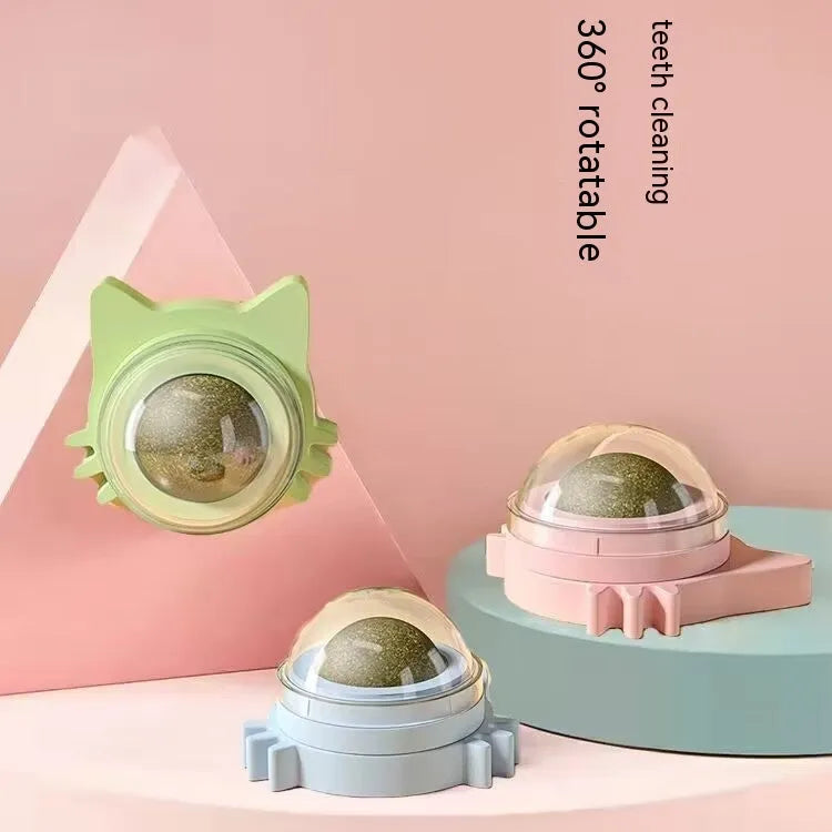 Catnip ball wall edible rotating toy in pink, orange, and blue colours, 5x5x4cm plastic mint