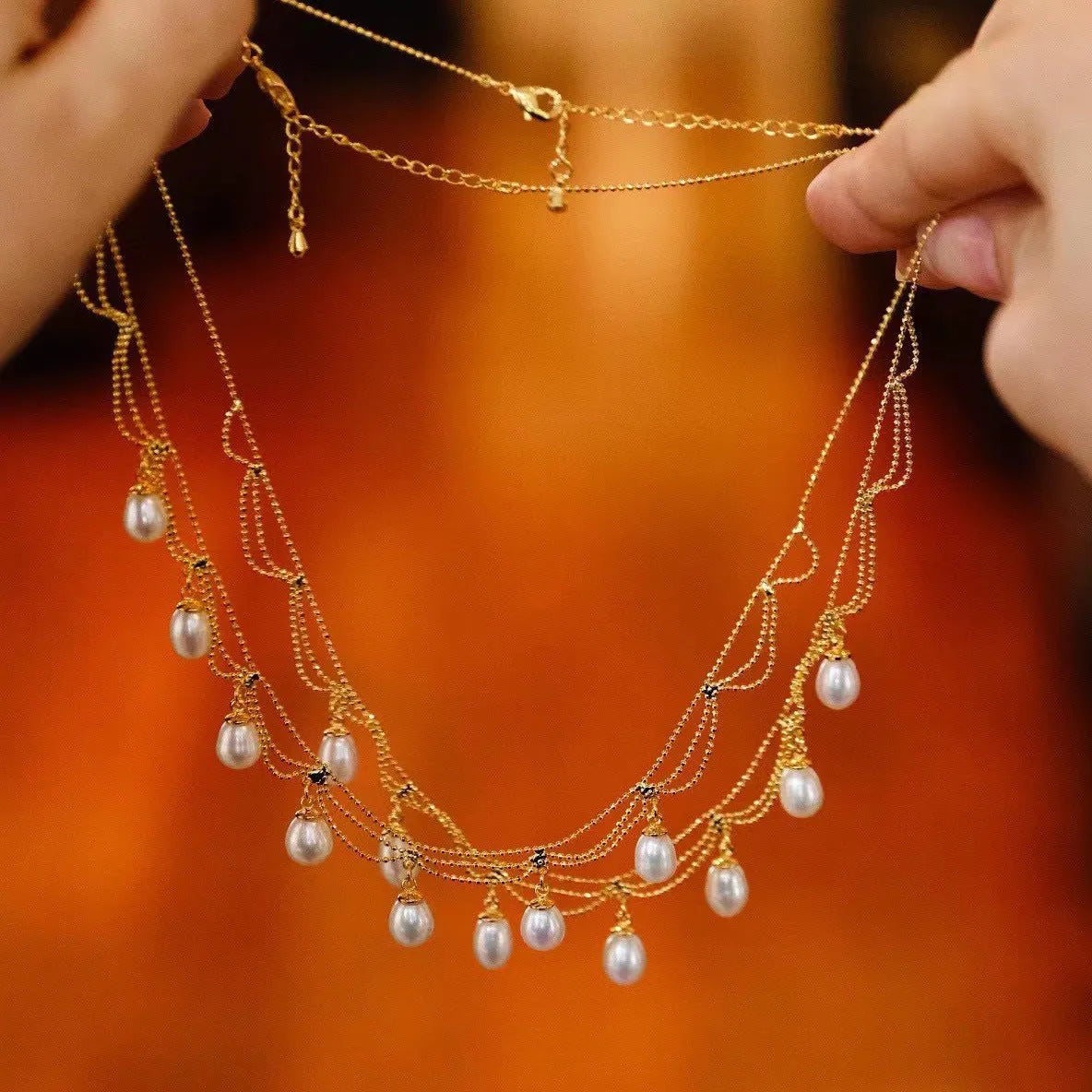 Vintage natural freshwater pearl necklace on display, 45cm clavicle chain with 14K gold plated clasp, handmade pearl lace style