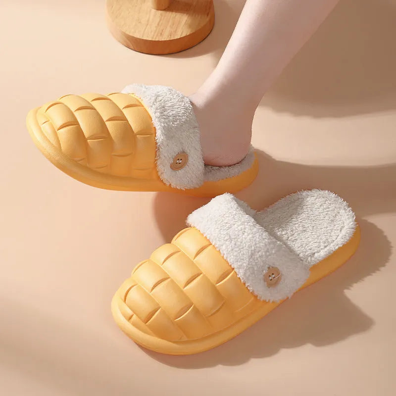 Plaid pattern detachable EVA slippers with plush lining and a textured nonslip sole.