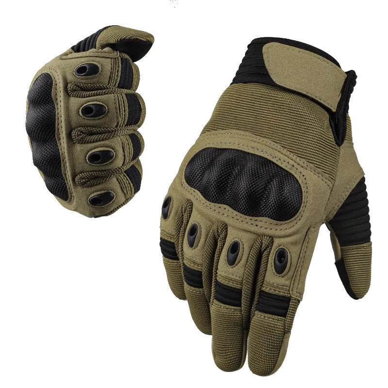 Touch screen tactical full finger motorbike gloves in knitted fabric, shown in black, grey-brown and army green.