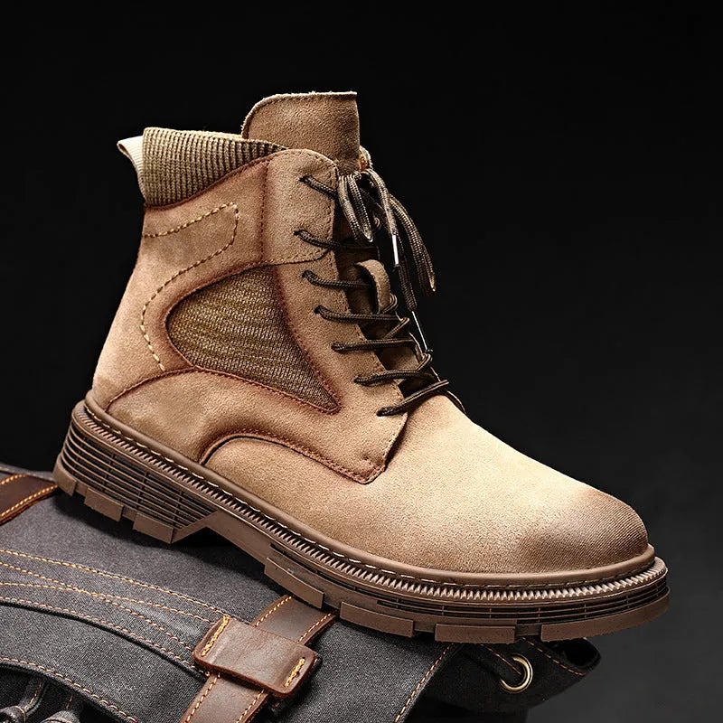 Men's ankle-high Martin boots in frosted grey microfibre leather with a thick rubber sole.