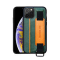 Brown imitation leather wallet-style iPhone case with a white stitched trim and an attached adjustable wrist strap.