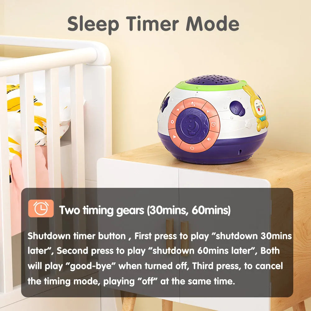 White starry sky night light projector for children showing control button and projection pattern