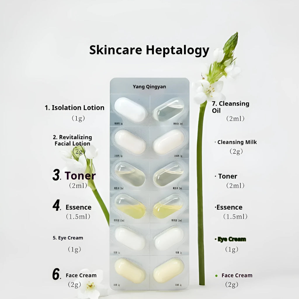 Disposable water emulsion sample travel set with 7 piece trial pack and essential oil for all skin types