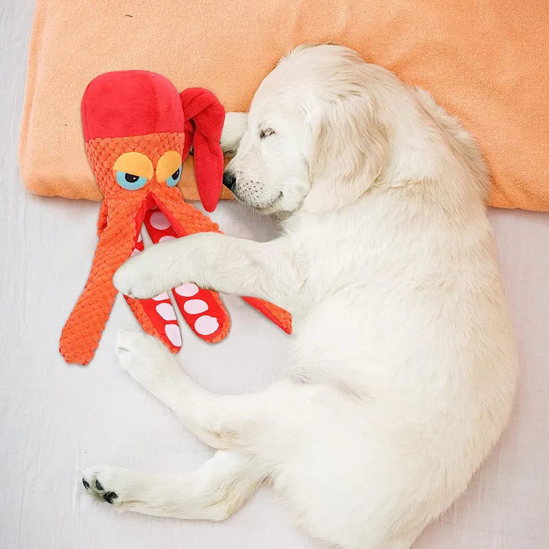 Orange squeaky octopus plush dog toy with creased paper, 180x100x300mm, 153g, for chewing and teeth grinding