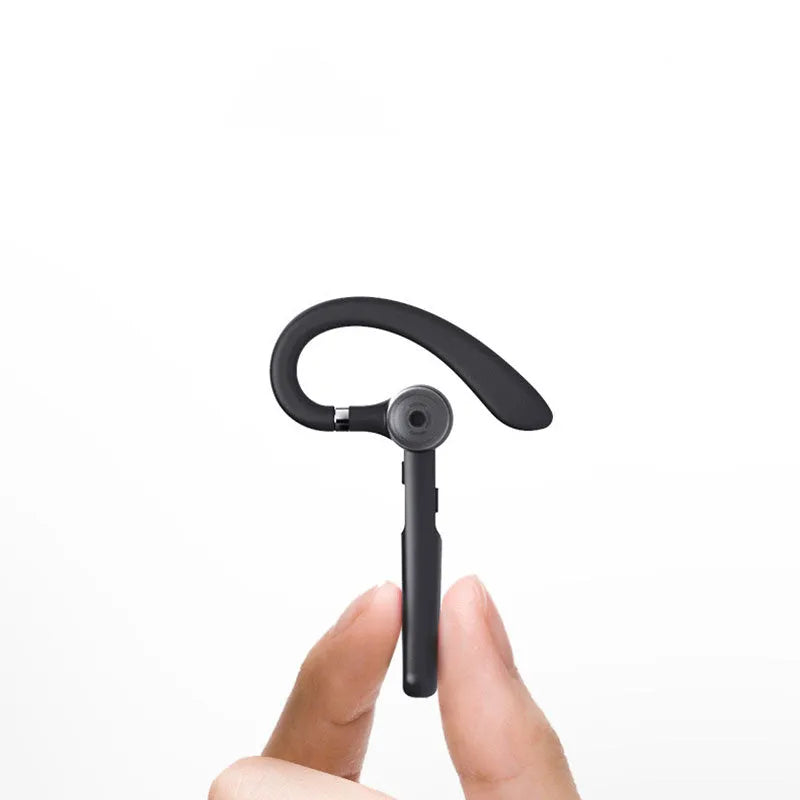 Black mono Bluetooth headset with hanging ear hook and IPX6 waterproof rating.