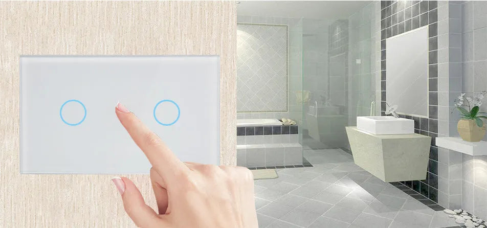 White 2-gang RF remote touch light switch with tempered glass panel and LED indicators