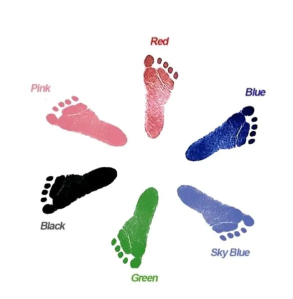 Baby handprint ink printing set with non-toxic washable ink in black, red, and blue on white paper with frame