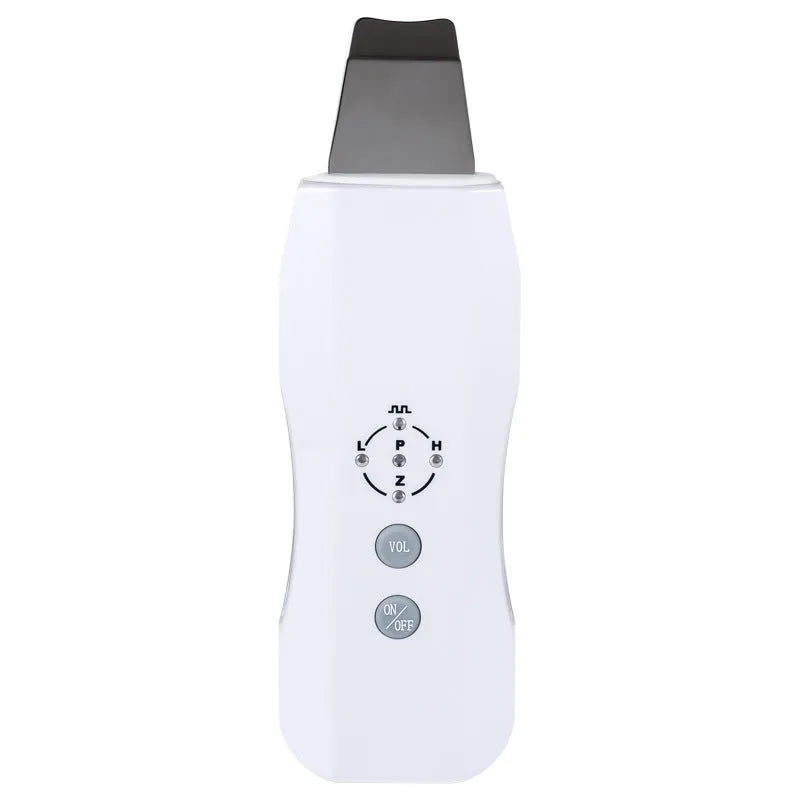 White ultrasonic facial cleanser with stainless steel head, 175x45x20mm, rechargeable 1000mAh battery