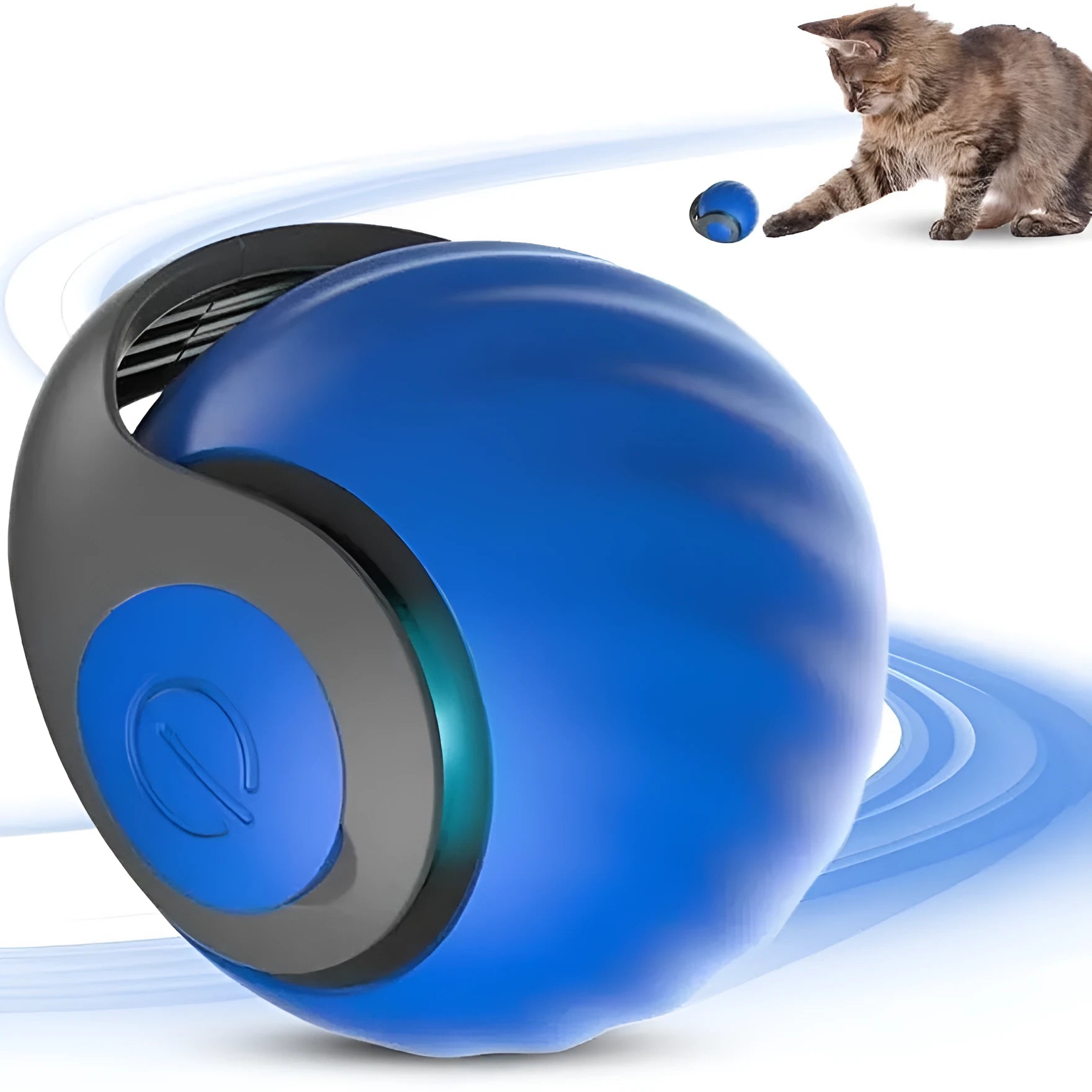 Blue interactive rolling ball pet toy with touch control activation for cats and dogs