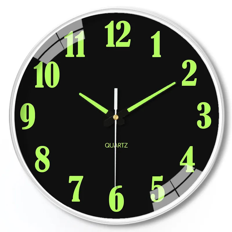 Modern white 8 inch wall clock with luminous numerals on plastic shell