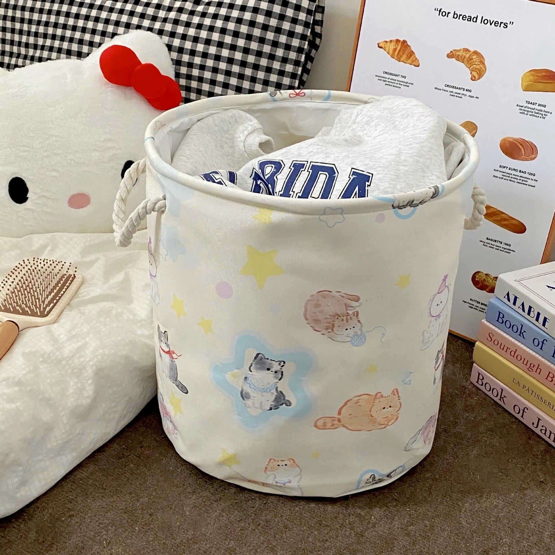 Foldable cotton laundry basket in modern simple style for bedroom and bathroom storage.