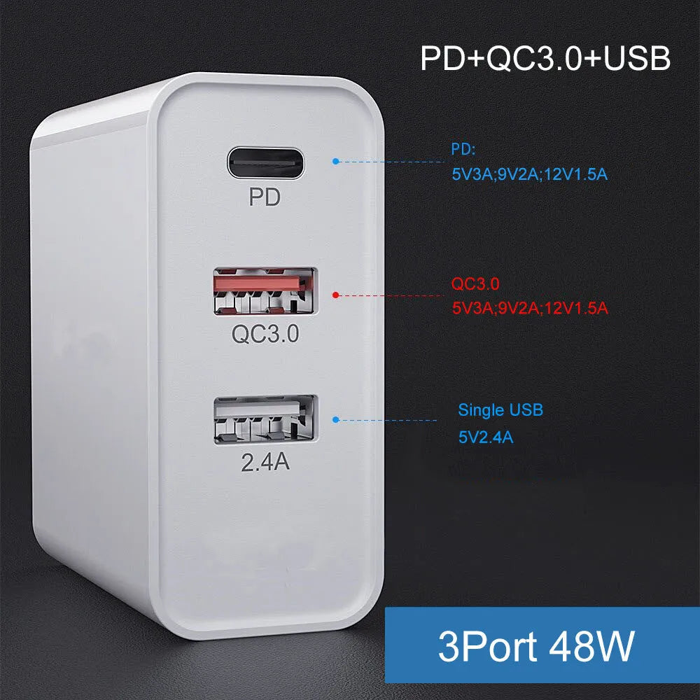 A white multi-port USB fast charger with UK plug and multiple USB-C and USB-A ports on a wooden table.