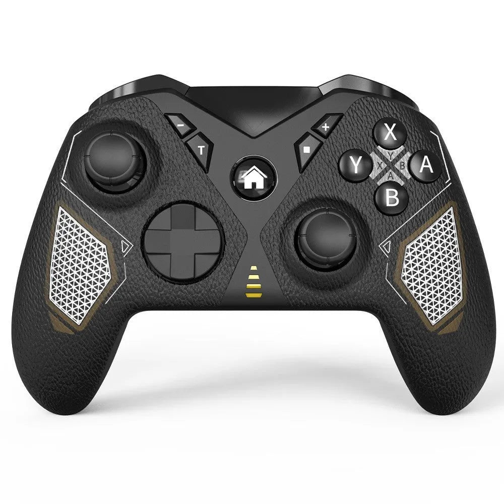 Black wireless game controller with leather-pattern grip for Nintendo Switch, PC, and mobile phones.