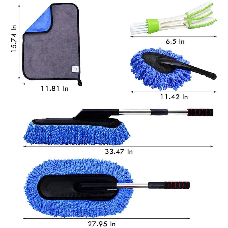 Car dust collector with retractable handle and 5-piece microfiber dusting brush set for car and home cleaning
