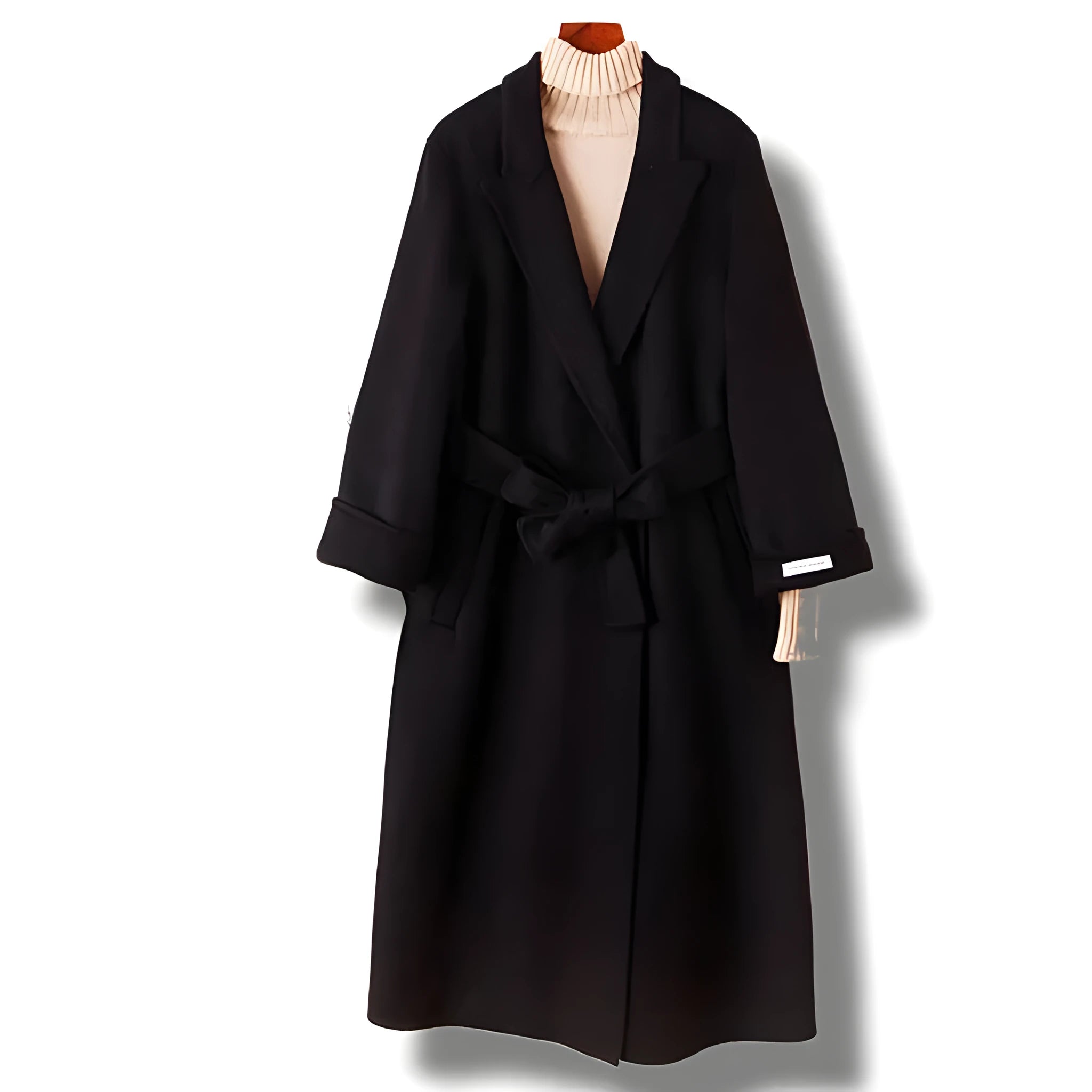 Long wool coat with suit collar in black and caramel colours showing front styling
