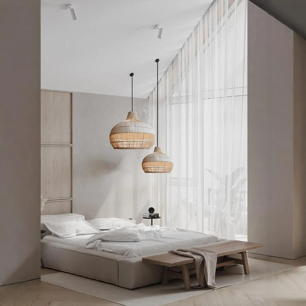 Natural rattan woven chandelier with a pastoral Southeast Asian design, 60cm in diameter.
