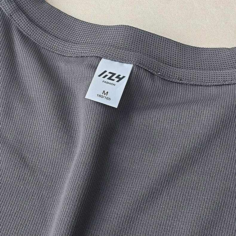 Men's dark grey heavyweight waffle knit short-sleeved T-shirt on a hanger.