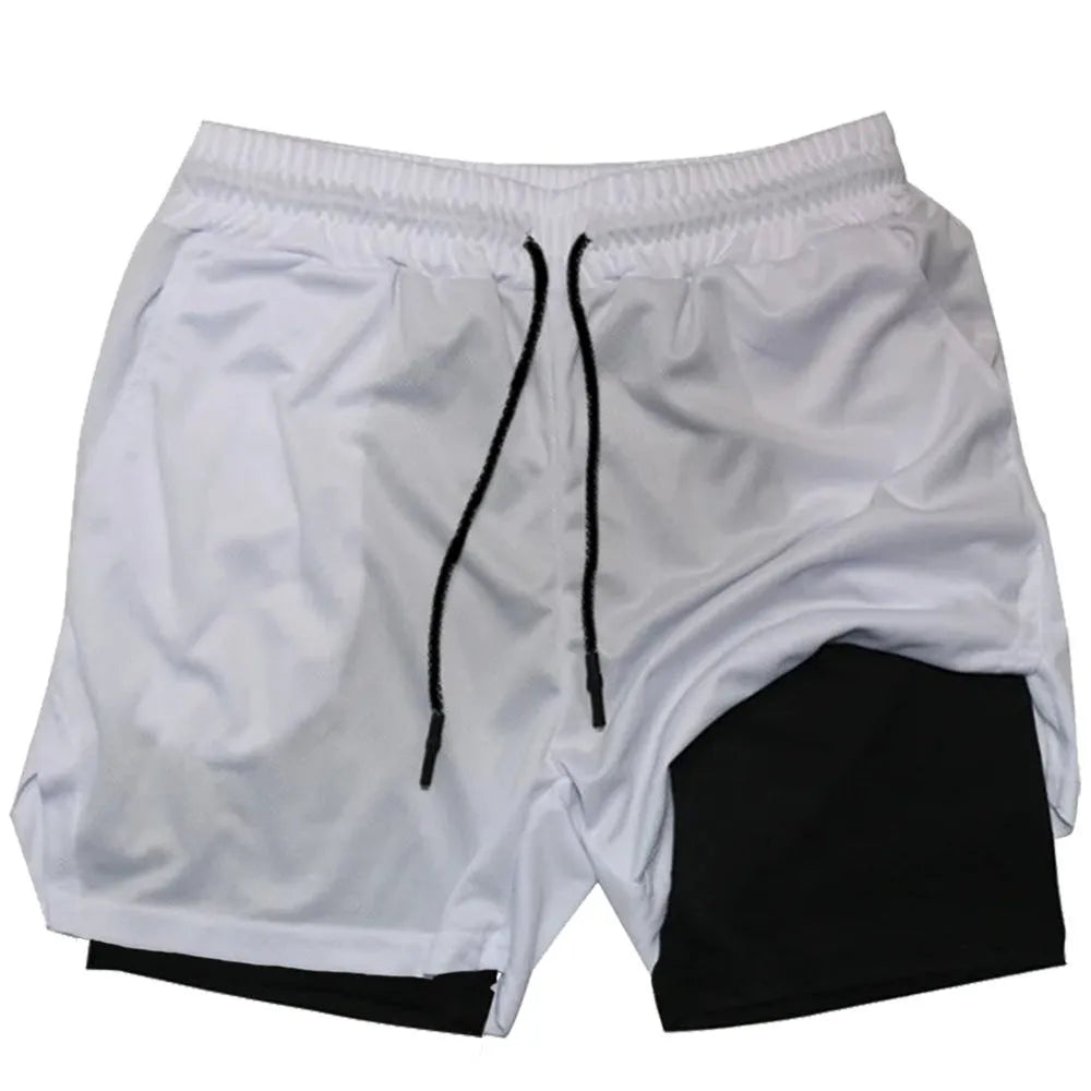 Double-layer sports shorts in camouflage pattern with cotton blend fabric and milk silk lining