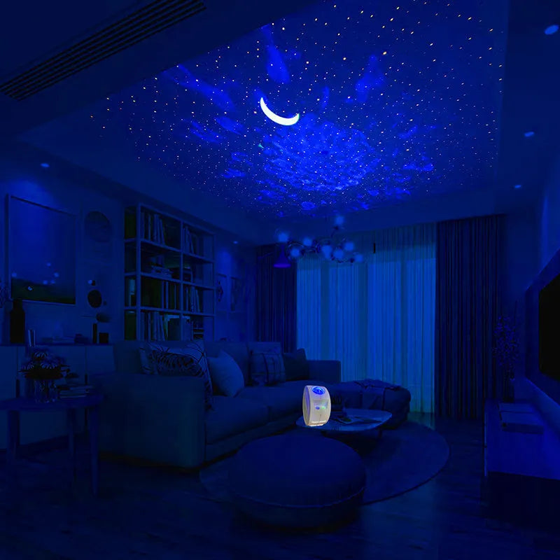 USB Ocean Star Projection Light with 360 degree rotation, starry sky pattern projected on ceiling, white lamp body on desk