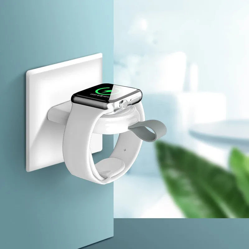 White magnetic wireless charger for Apple Watch with USB cable, 82 by 37 by 12mm