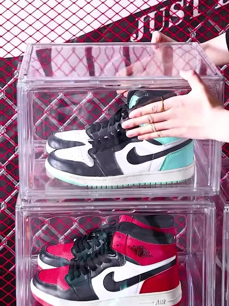 Transparent acrylic shoe storage box with magnetic side door and lid
