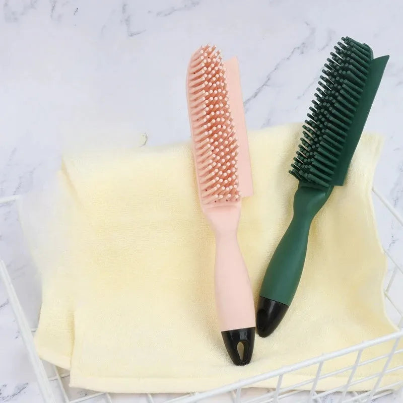 Green and pink dual-use dog brush and sticky clothes hair remover for pet grooming.