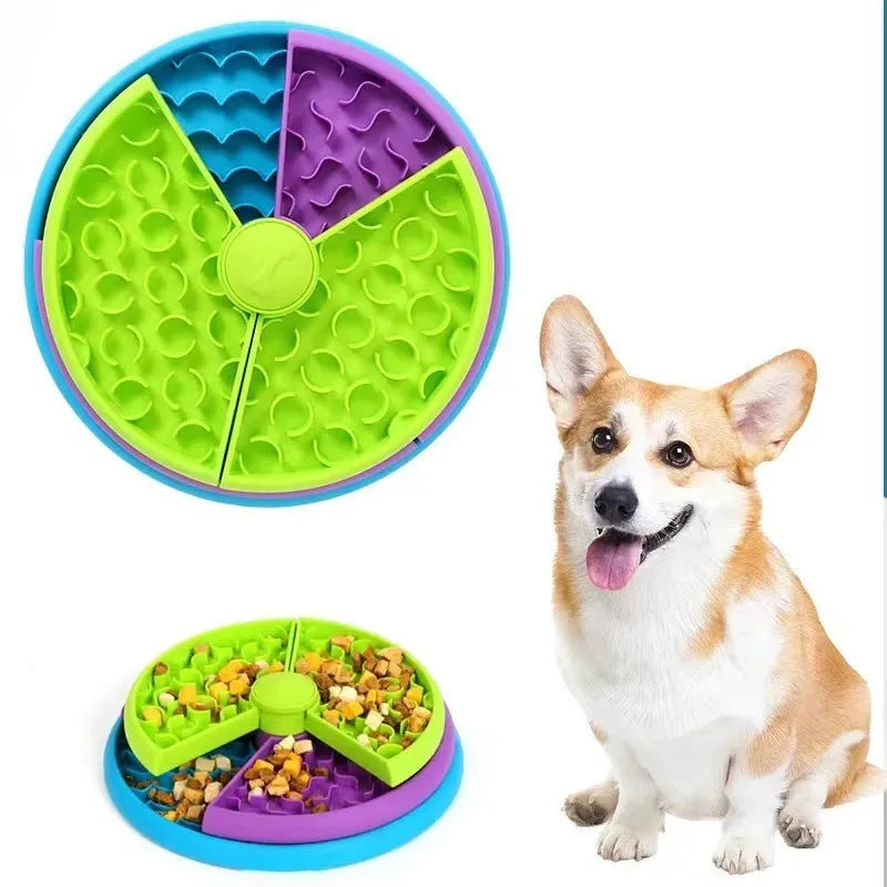 Three-tier rotating slow feeder bowl for cats and dogs, made of PP plastic, 26cm wide, with non-slip base.