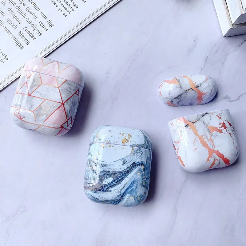White marble hard PC protective case cover for Apple AirPods 1 and AirPods 2 wireless earphones.