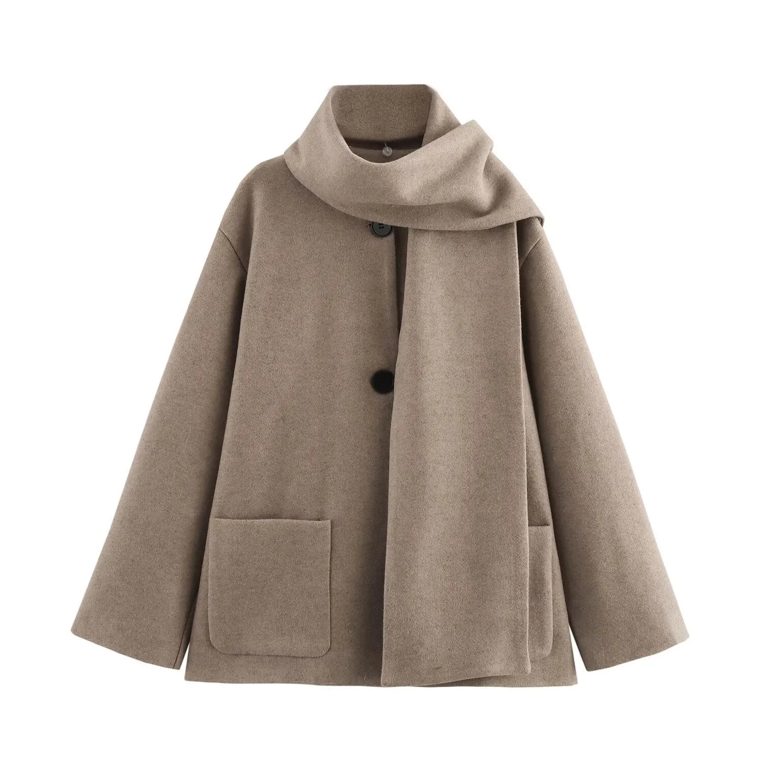 Women's long beige coat with a fluffy artificial fur collar and pockets.