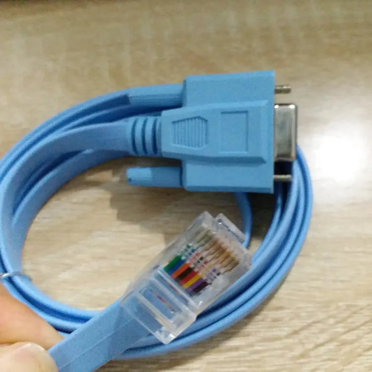 Sky blue 1.5m RJ45 to RS232 serial console cable with copper 28AWG 8C flat wire and 9-pin female connector