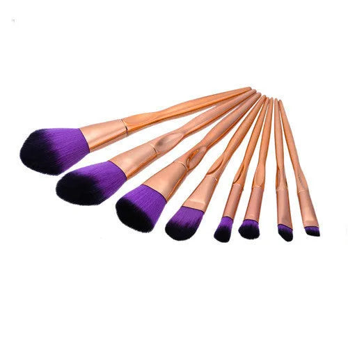 8-piece foundation brush set with artificial fibre bristles and long plastic handles, in multiple colour options