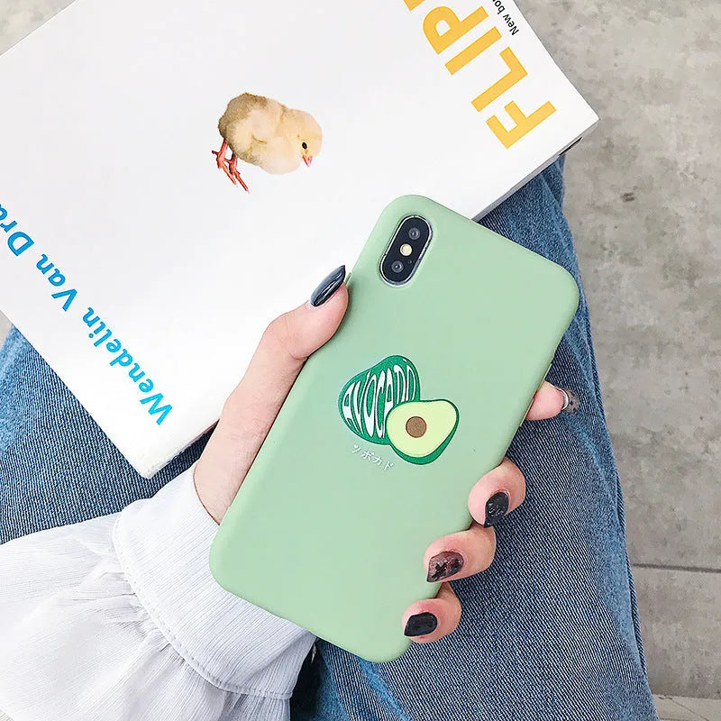 Soft green TPU iPhone case with a cartoon avocado design on the back.