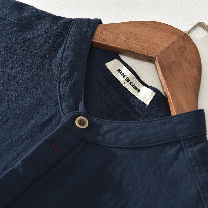 Men's ice silk linen stand collar T-shirt in solid colour with button decoration, loose fit, short sleeves