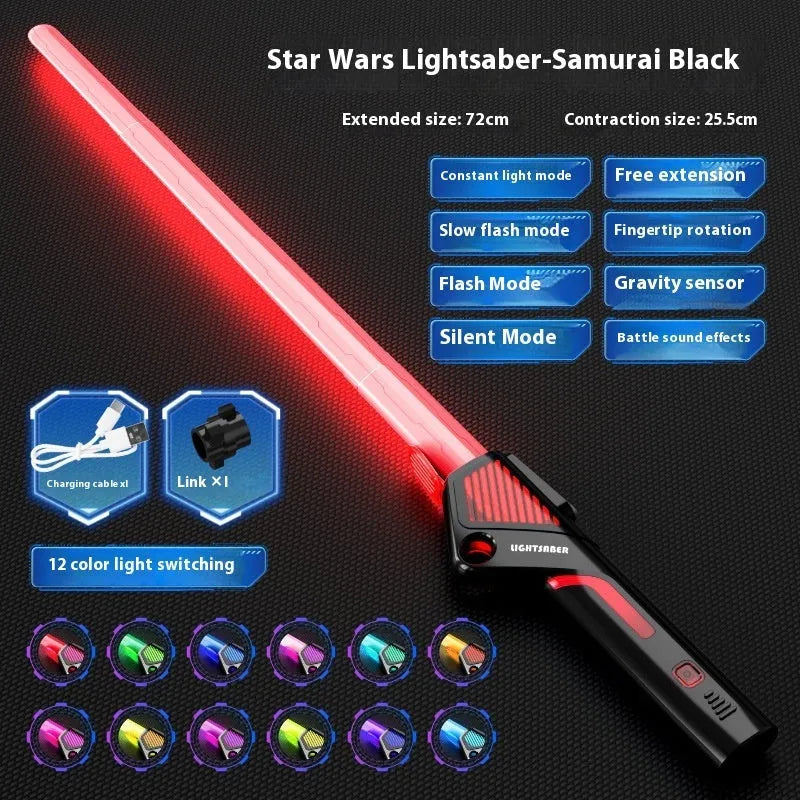 Children's plastic retractable laser sword in silver with 12-colour gravity-sensing light effects