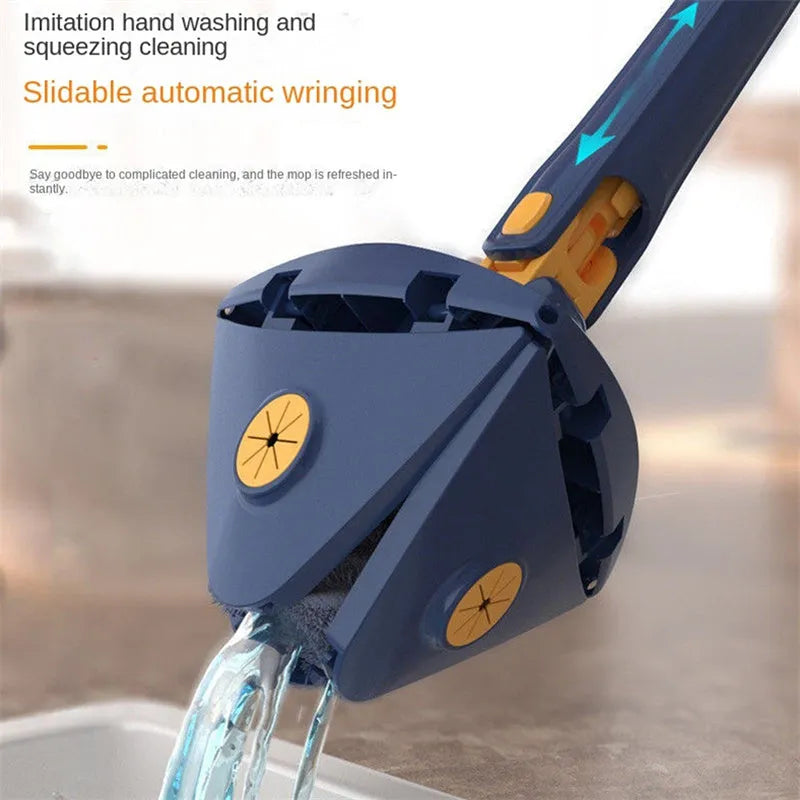 Blue extendable triangle cleaning mop with rotating head and microfiber cloth on a stainless steel pole.