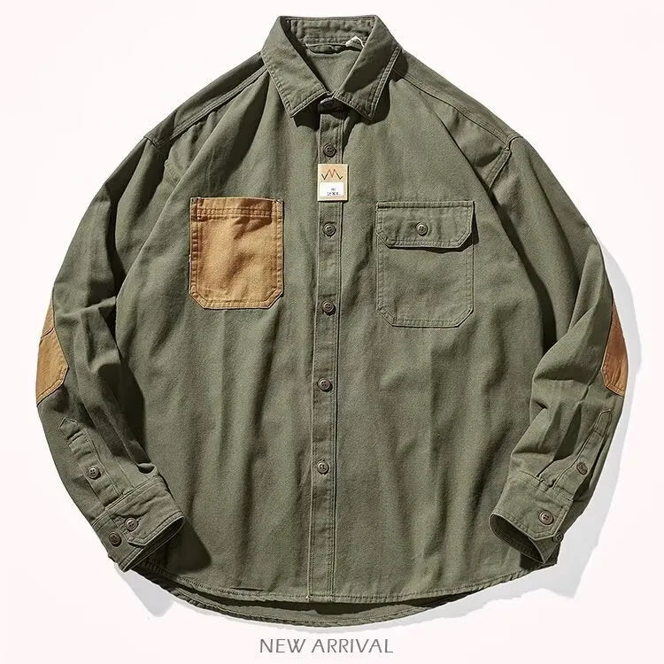 Men's long-sleeved washed cotton-blend shirt in khaki or army green, loose Harajuku retro tooling cardigan style, sizes M-3XL