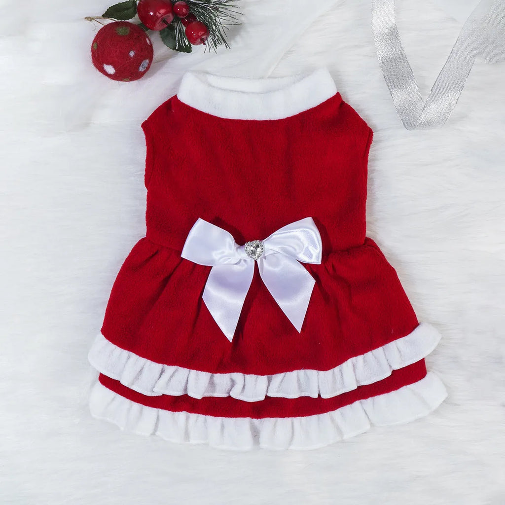 Red fleece pet Christmas dress with bow, pet size XS to XXL, European and American style