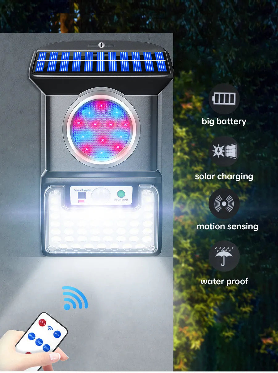 Outdoor solar wall light with 59 LEDs, black ABS+PC housing, IP65 waterproof, motion sensor with remote control