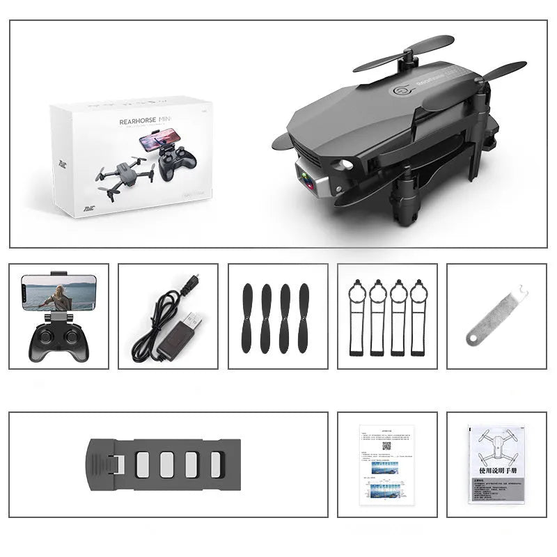Folding drone with 4K HD camera, mini quadcopter toy RC airplane, black or grey, below 30cm, with remote control and battery.