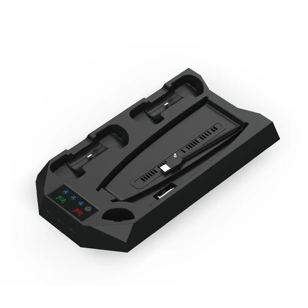 PS5 vertical charging dock stand with cooling fan in black, showing two controllers charging and a headset hanging on hook.